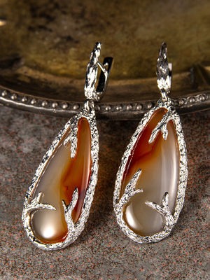 Long silver earrings with Carnelian