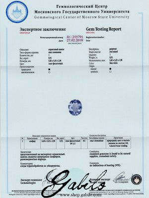 Резерв для Ольги: Фиолетовый сапфир овал 0.93 карата с сертификатом МГУ