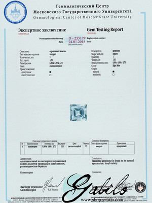 Aquamarin Quadrat 7x7 Facette 1,51 Karat mit MSU-Zertifikat