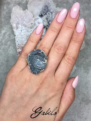 Big agate rose silver ring 