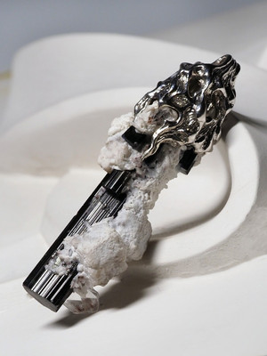 Black tourmaline crystal silver pendant