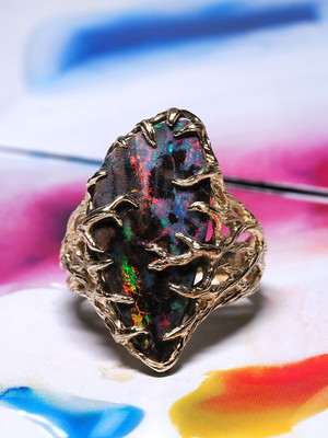 Boulder opal 14k gold ring