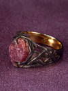 Ruby crystal ring in patinated and gold plated silver