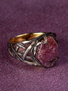 Ruby crystal ring in patinated and gold plated silver