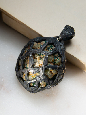 Dioptase silver pendant with patina