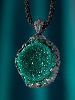Dioptase silver pendant with patina