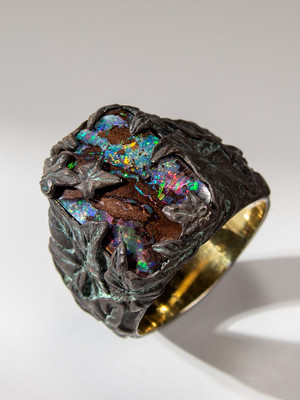 Unisex boulder opal silver ring