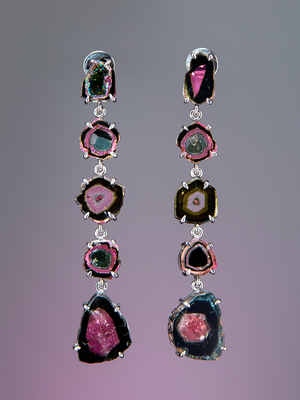 Long white gold earrings with slices of watermelon tourmaline
