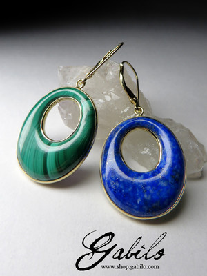 Gold earrings with lapis lazuli and malachite