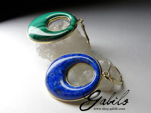 Gold earrings with lapis lazuli and malachite