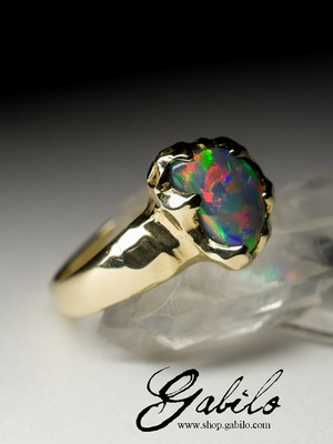 Black Harlequin opal gold ring 