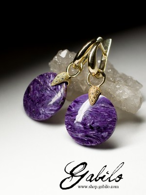 Gold earrings with charoite and diamonds 
