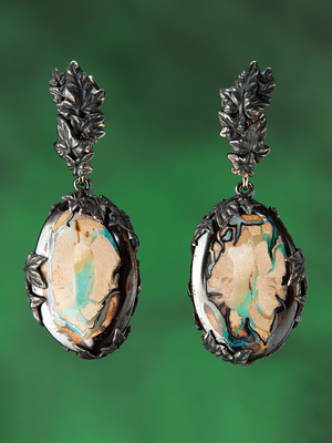 Boulder opal ivy earrings in gold and patinated silver