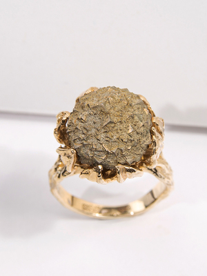 Pyrite ball yellow gold ring